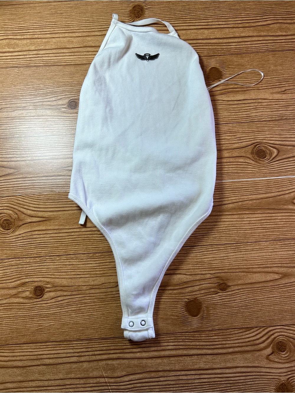 Women’s White Halter Neck Ribbed One-Piece Bodysuit Snap Crotch Logo Strap